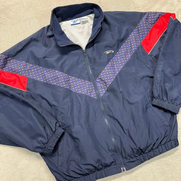 Reebok Other - Vintage Reebok Track Jacket Mens Medium Navy Blue Red Geometric Stripe Full Zip